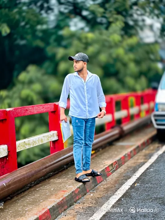 Young Man and His Pixelated Double on a Bridge – AI Generated Video | Hailuo AI