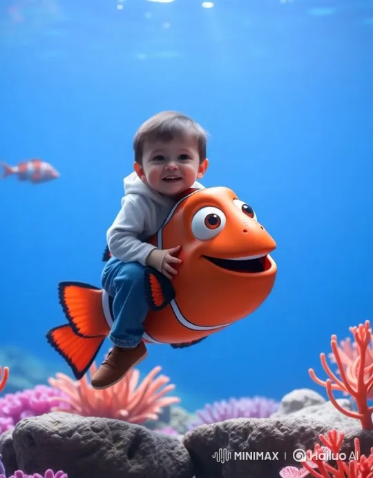 Toddlers Joyful Ride on Cartoon Clownfish – AI Generated Video | Hailuo AI