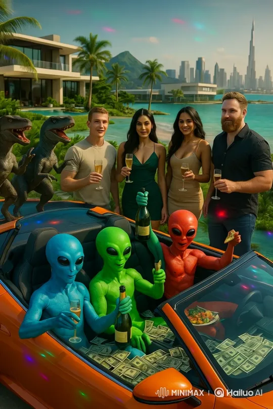 Extraterrestrial Celebration at Luxurious Waterfront Party – AI Generated Video | Hailuo AI