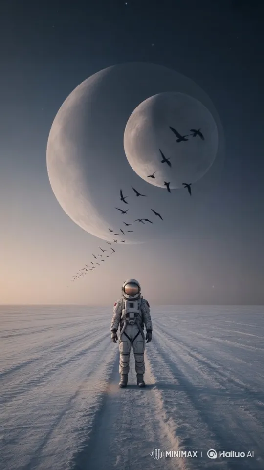 Astronaut Walks Under Dual Crescent Moons with Birds – AI Generated Video | Hailuo AI