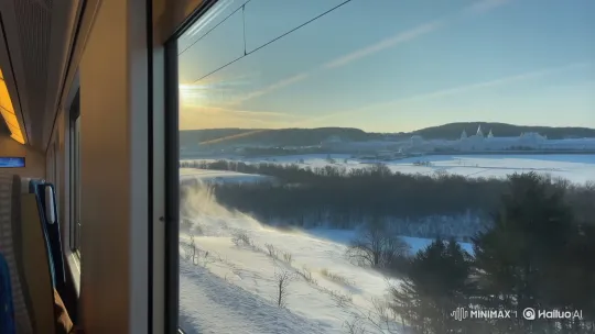 Snowy Landscape and Castles Viewed from Moving Train – AI Generated Video | Hailuo AI