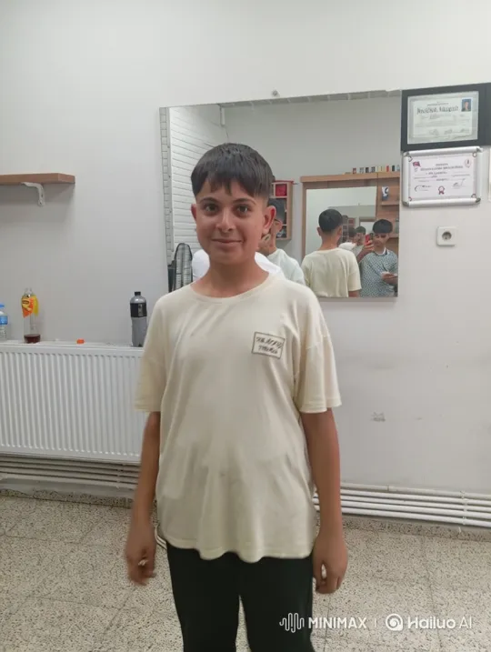 Young Boy Surprised by Double Cheek Kiss in Barbershop – AI Generated Video | Hailuo AI