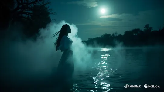 Mysterious Woman in Moonlit River Mist – AI Generated Video | Hailuo AI
