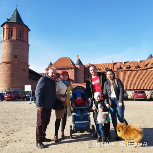 Family and Dog Dance Cheerfully in Courtyard with Castle Background – AI Generated Video | Hailuo AI