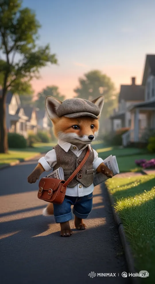 Anthropomorphic Fox Cub Delivers Newspapers at Dawn – AI Generated Video | Hailuo AI