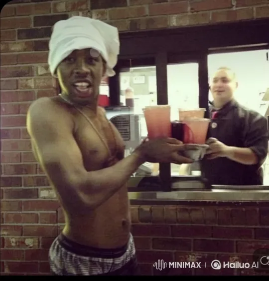 Shirtless Man Poses with Drinks at Drive-Thru – AI Generated Video | Hailuo AI