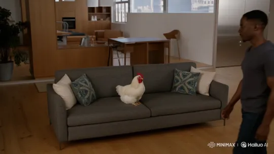 Man Spouts Milk at Chicken on Couch - Surreal Scene – AI Generated Video | Hailuo AI