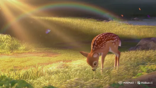 Peaceful Fawn Grazes Under Rainbow with Butterflies – AI Generated Video | Hailuo AI