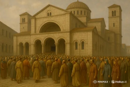 Procession of People at Medieval Stone Building – AI Generated Video | Hailuo AI