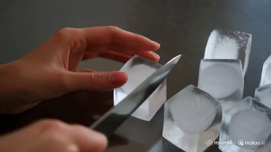 ASMR: Close-Up of Hand Slicing Ice with Knife – AI Generated Video | Hailuo AI