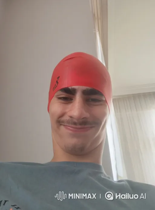 Young Man in Red Swim Cap Smiles at Camera – AI Generated Video | Hailuo AI