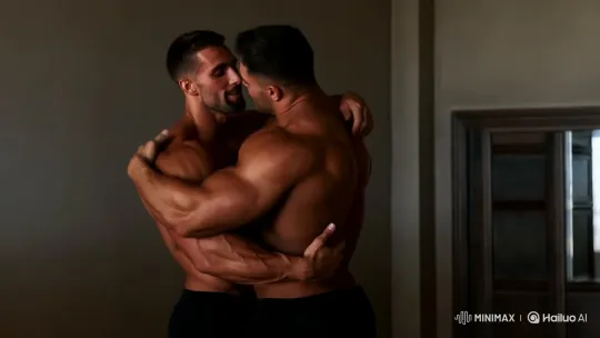 Muscular Men Share Intimate Moment in Minimalist Room – AI Generated Video | Hailuo AI