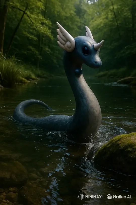 Dragonair's Graceful Swim in a Luminous Forest River – AI Generated Video | Hailuo AI