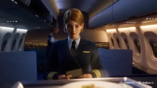 Business-Class Airplane: First Officer Examines a Dish – AI Generated Video | Hailuo AI