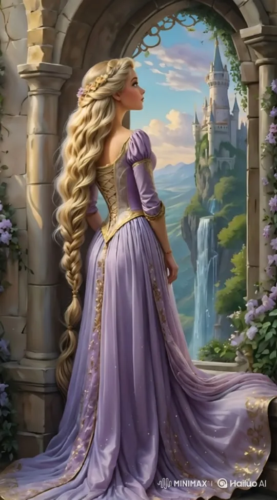 Princess in Purple Gown Admires Castle View – AI Generated Video | Hailuo AI