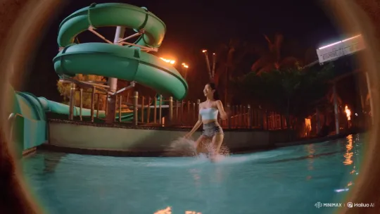 K-pop Woman Rides Spiral Slide in Nocturnal Water Park Scene – AI Generated Video | Hailuo AI
