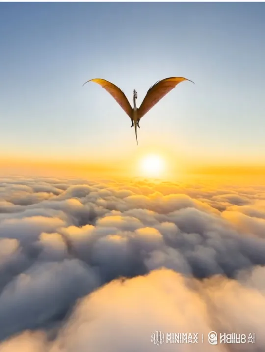 Flying Dinosaur Glides to Peaceful Farm at Sunset – AI Generated Video | Hailuo AI