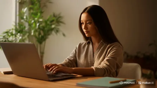 Confident Young Woman Deeply Focused on Typing – AI Generated Video | Hailuo AI