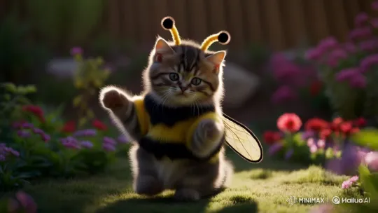 Fluffy Kitten in Bee Costume Dances in Sunlit Garden – AI Generated Video | Hailuo AI