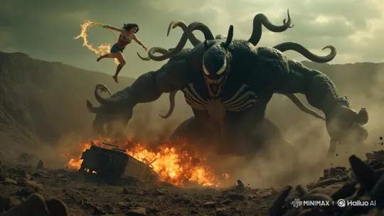 Venom Engulfs Wonder Woman in a Fiery Showdown – AI Generated Video | Hailuo AI