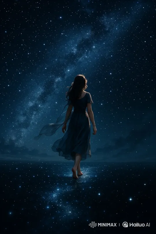 Woman Walks on Starry Path in Tranquil Night Scene – AI Generated Video | Hailuo AI