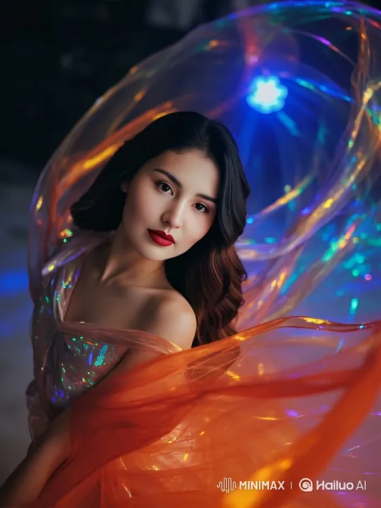 Enchanting Woman in Ethereal Lights and Flowing Fabric – AI Generated Video | Hailuo AI