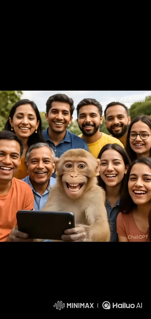 Monkey Takes Group Selfie with Laughing Crowd – AI Generated Video | Hailuo AI