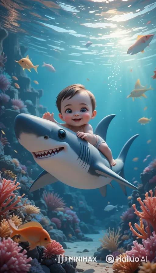Baby Rides on Friendly Shark in Colorful Underwater World – AI Generated Video | Hailuo AI