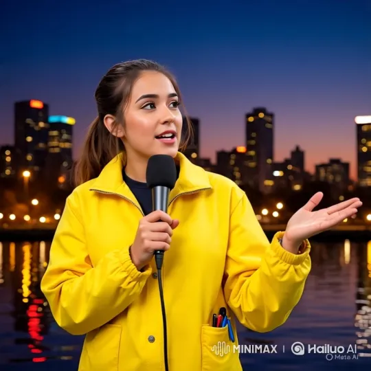 Female Journalist Reports in Nighttime Cityscape – AI Generated Video | Hailuo AI