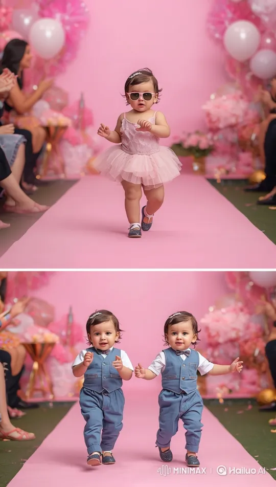 Toddlers Strut Confidently on the Pink Catwalk – AI Generated Video | Hailuo AI