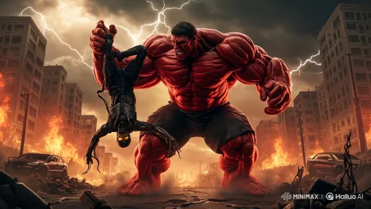Red Hulk Dominates Destroyed City, Defeats Black Venom in Epic Clash – AI Generated Video | Hailuo AI
