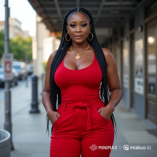 Confident Woman in Red Engages Viewers on Sidewalk – AI Generated Video | Hailuo AI
