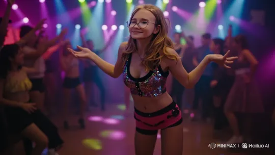 Young Woman Dances Joyfully in Vibrant Setting – AI Generated Video | Hailuo AI