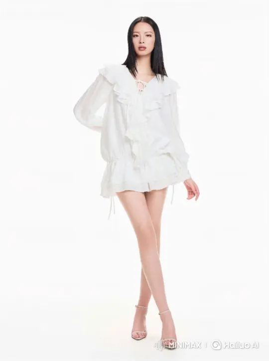 Elegant Woman Poses Gracefully in Minimalist White Studio – AI Generated Video | Hailuo AI