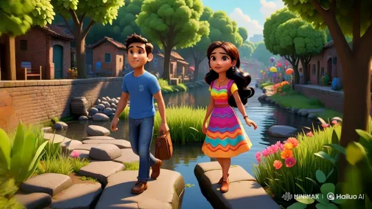 Young Couple Strolls Along Canal in Idyllic Village – AI Generated Video | Hailuo AI