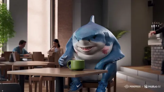 Hyper-Realistic Shark Drinks Matcha, Then Explodes in Café – AI Generated Video | Hailuo AI