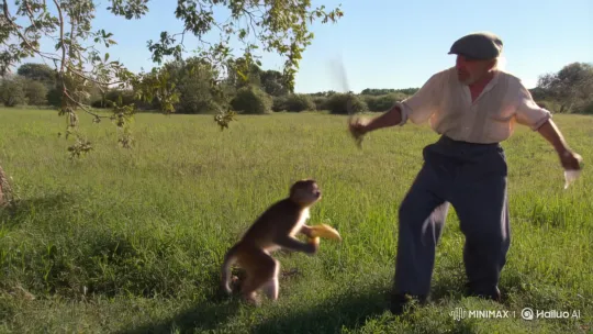Farmer and Monkey Chase in Sunlit Field Ends with Banana Sharing – AI Generated Video | Hailuo AI