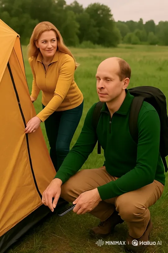 Couple Assembles Tent in Meadow, Focuses on Final Tasks – AI Generated Video | Hailuo AI