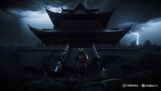 Samurai Confronts Spirits at Ancient Temple in Storm – AI Generated Video | Hailuo AI