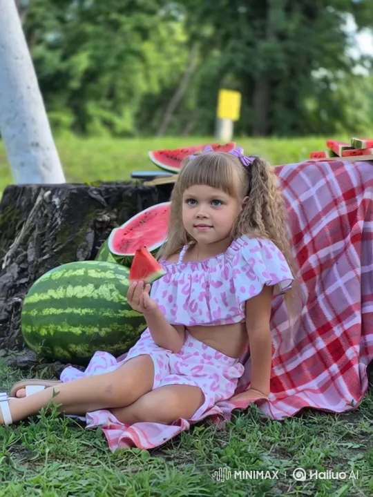 Young Girl Enjoying Watermelon Picnic in Slow Motion – AI Generated Video | Hailuo AI