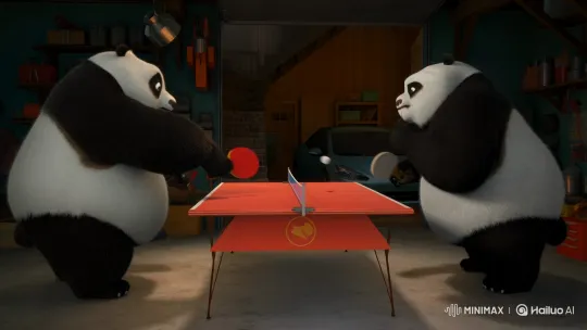 Pandas Engage in Intense Table Tennis Rally in Garage – AI Generated Video | Hailuo AI