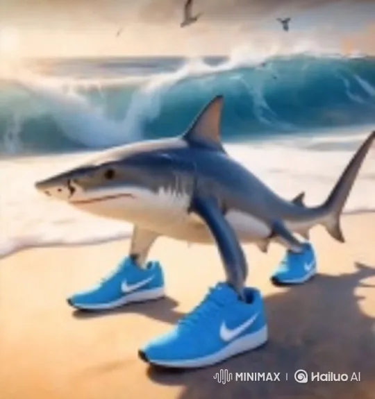 Four-Legged Shark in Sneakers on Beach with Playful Splash – AI Generated Video | Hailuo AI
