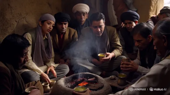 Kashmiri Villagers Sip Kahwa Amid Unseasonal Rain Concern – AI Generated Video | Hailuo AI