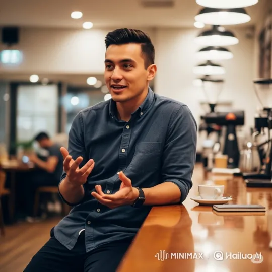 Young Man Engages Viewer in Cozy Cafe Setting – AI Generated Video | Hailuo AI