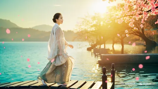 Young Lady Strolls on Pier at Sunset Over Calm Lake – AI Generated Video | Hailuo AI