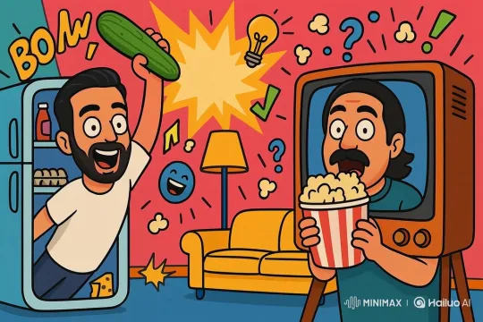 Cartoon Scene: Man Celebrates with Cucumber, Shocked Man Reacts – AI Generated Video | Hailuo AI
