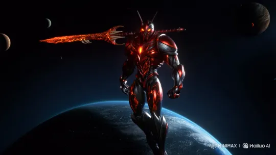 Supervillain Ant in Titanium Suit with Lava Sword in Space – AI Generated Video | Hailuo AI