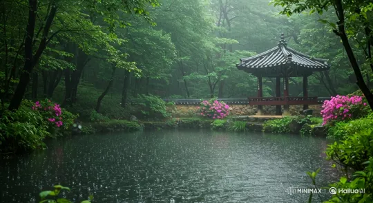 Rainy Forest Pond with Azaleas and Traditional Pavilion – AI Generated Video | Hailuo AI