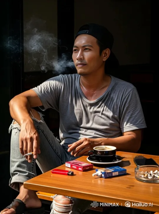 Man Reflects Over Coffee Amidst Smoke – AI Generated Video | Hailuo AI