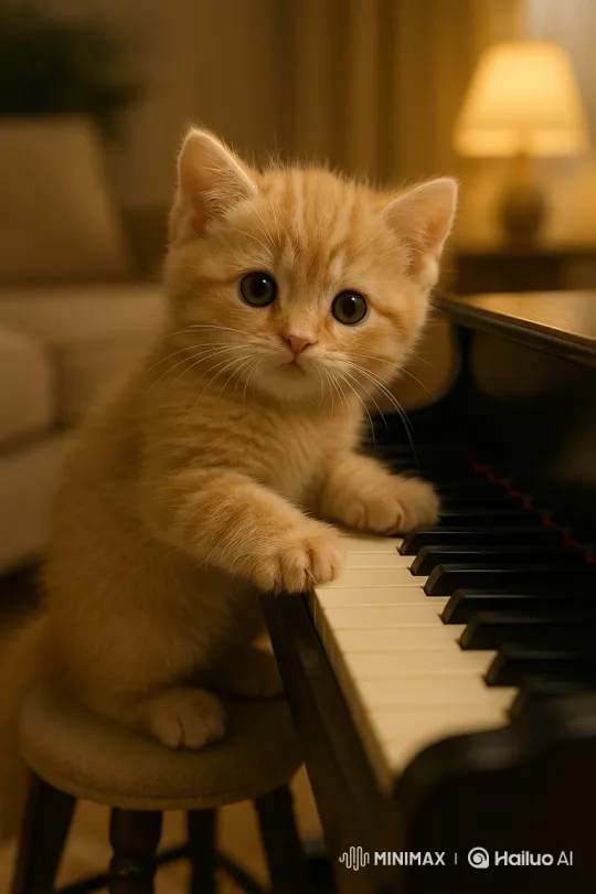 Tiny Kitten 'Plays' Piano in Cozy Living Room – AI Generated Video | Hailuo AI